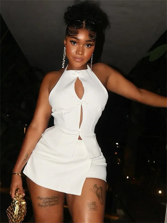 Weird Puss Irregular Sexy 2 Piece Set Women Halter Hollow Knot Backless Tops+Skinny Peach Hip Skirts Midnight hottie Wild Suits