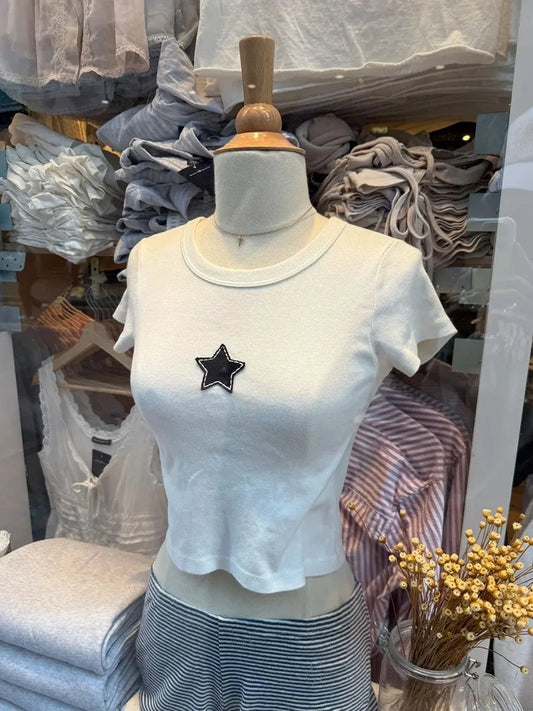 Sweet Star Appliques Slim Crop Top ladies Round Neck Short Sleeve Cotton Cropped T Shirt Summer Cute All-match T-shirts Y2K Tops