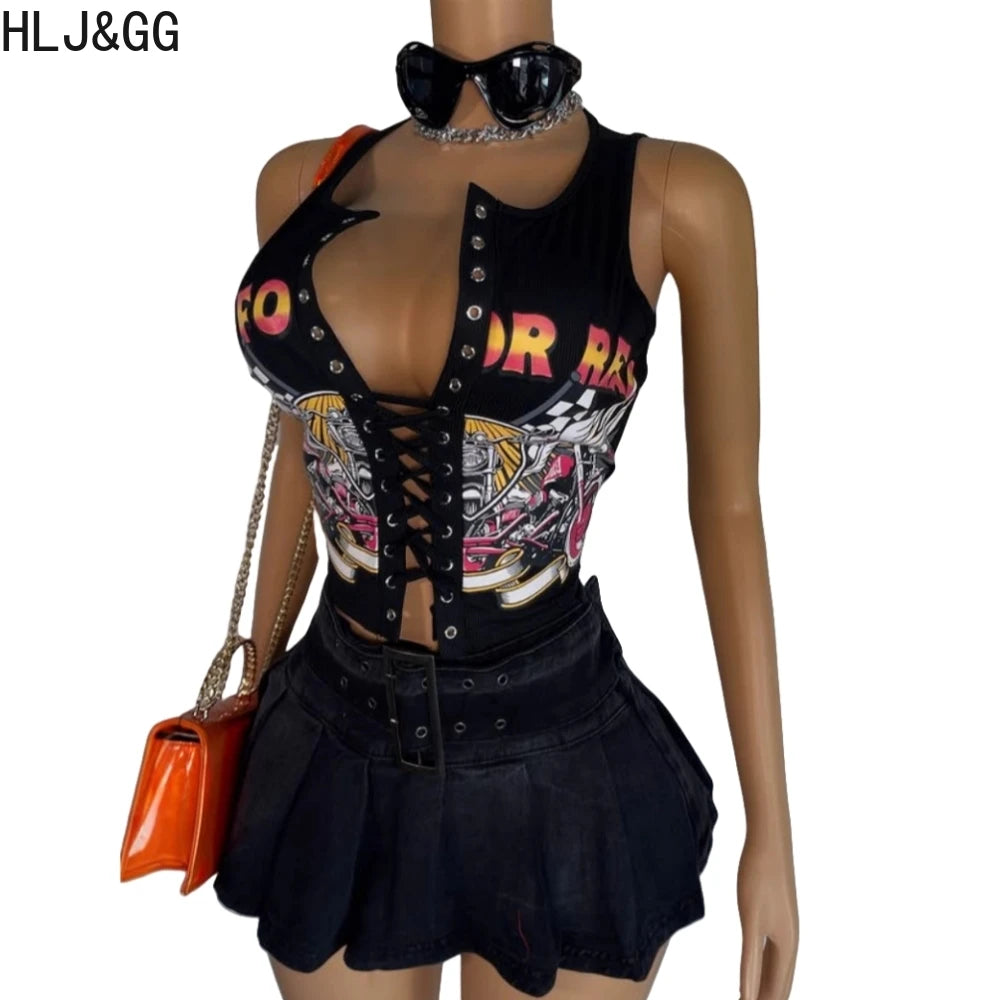 HLJ&GG Black Sexy Hot Girl Hollow Bandage Two Piece Sets Women Deep V Sleeveless Tank Top+Pleated Mini Skirts Outfits Streetwear