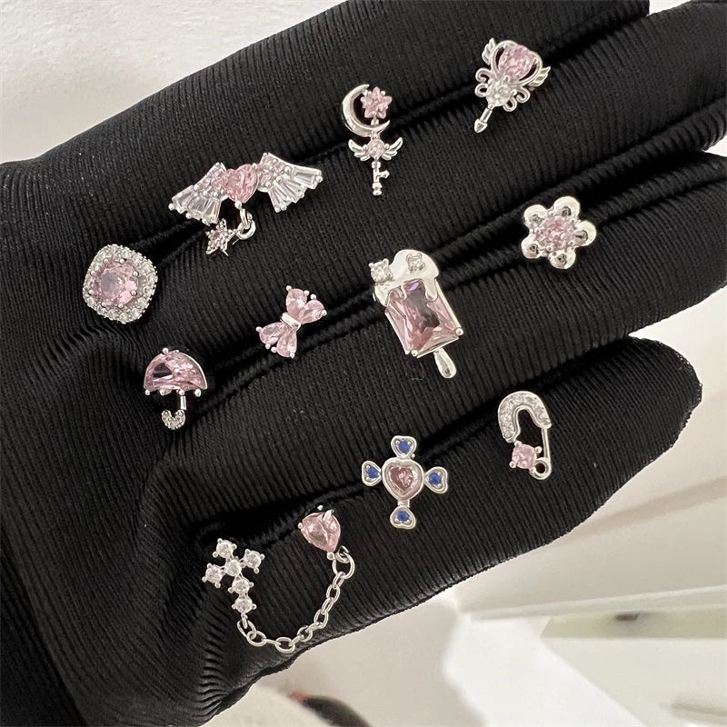 1PCS Cute Pink Zircon 316L Stainless Steel Ear Bone Nail New Fashion Y2K Punk Small Earring for Women Cochlea Jewelry Party Gift