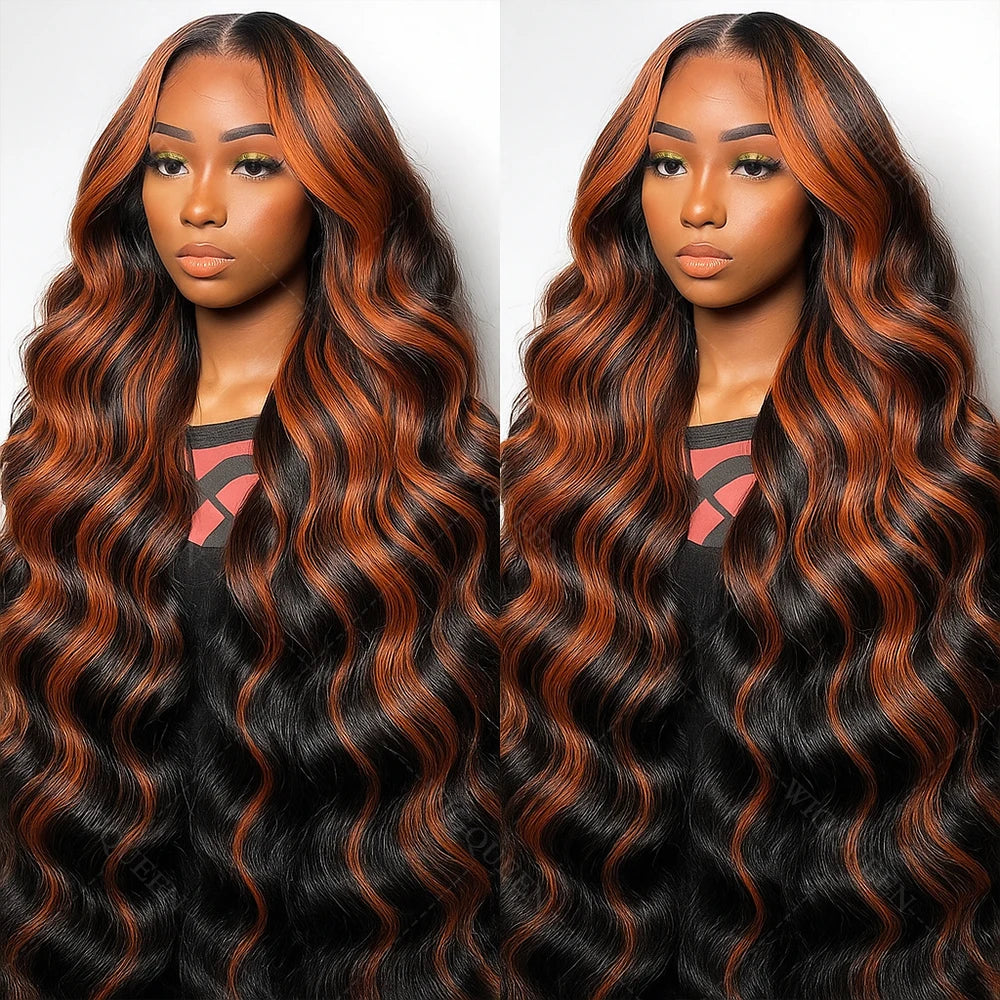 Upgraded 1B/30 Balayage Body Wave 13x4 Highlight Lace Front Human Hair Wig Vietnamese 30 Inch Omber Brown Colored Wig Human Hair