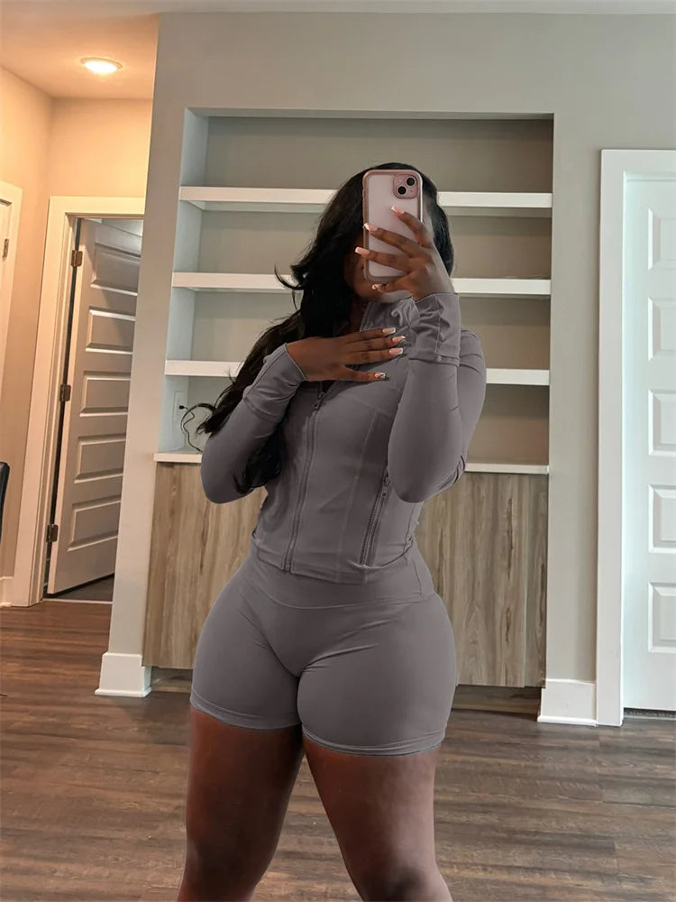 Weird Puss Casual Sporty 2 Piece Set Women Classic Tracksuit Cardigan Full Sleeve Jacket+Stretch Waist Skinny Shorts Trend Suits