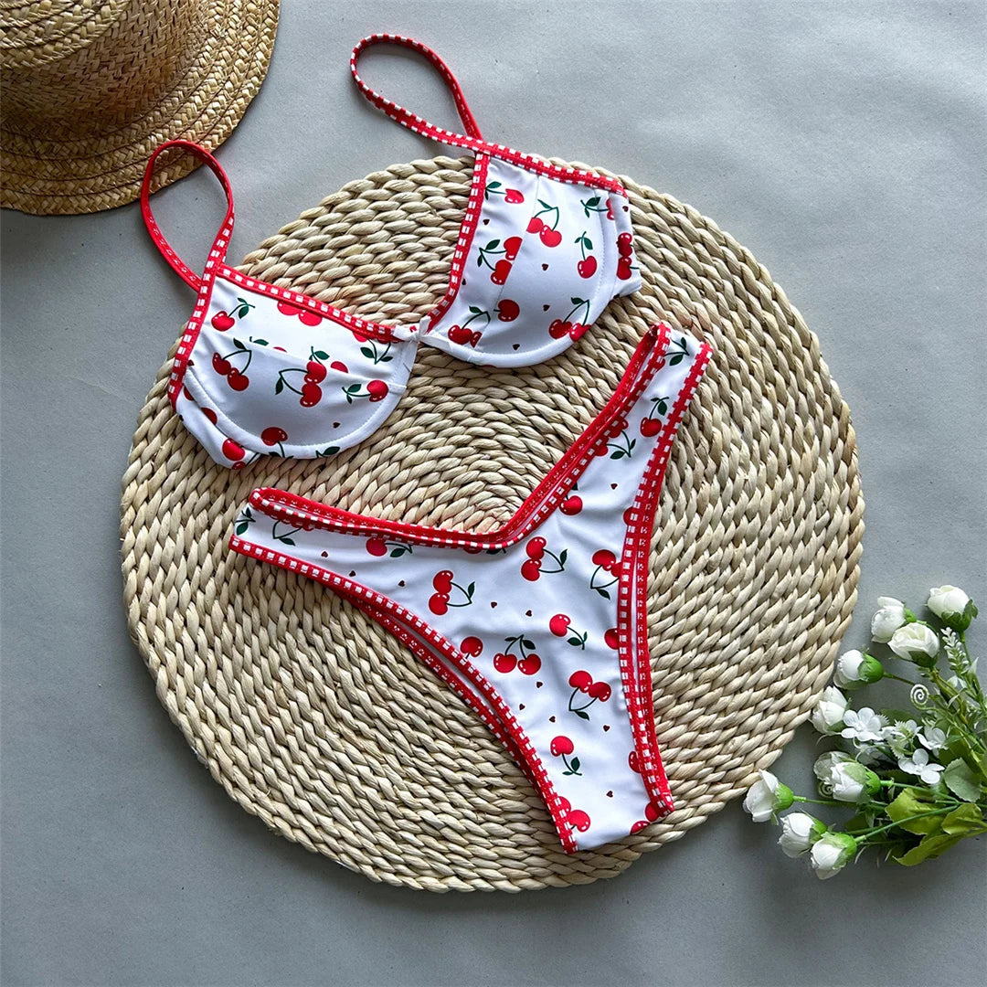 Cherry Printed Underwired Brazilian Bikini, Swimwear, Swimsuit Two-pieces Bikini set Bather Bathing Suit Swim K5913