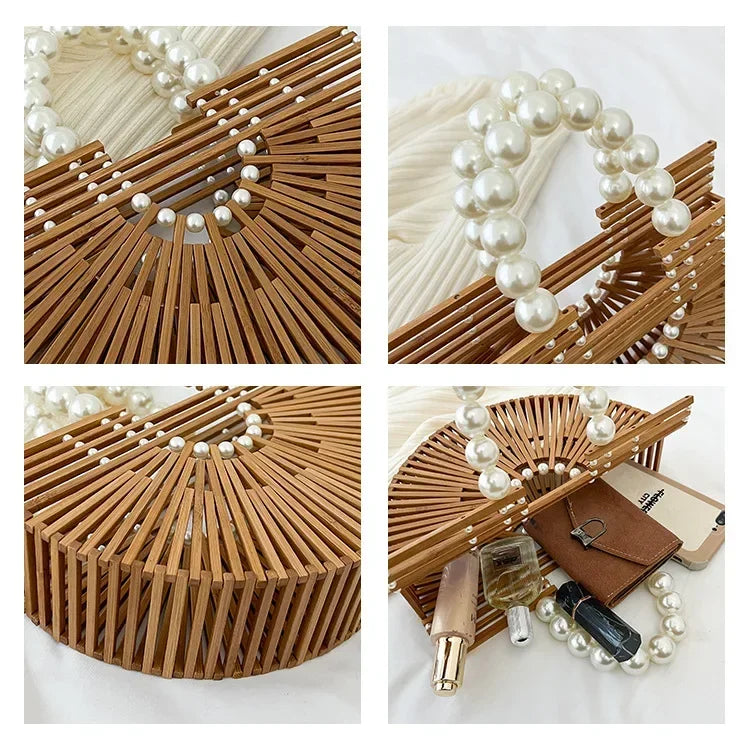 Women's Hand - Woven Bamboo Bag | Bamboo Woven Basket Style, Beach Vacation Essential, Handheld Bucket Design