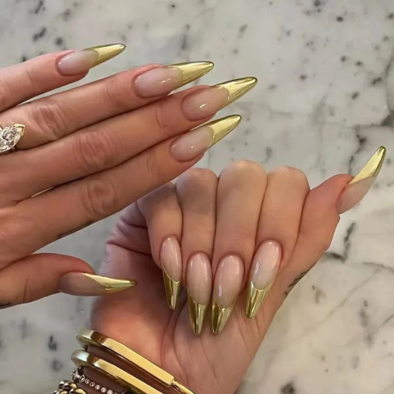 24pcs Aurora Stiletto False Nail Tips Glitter Gradient Color Fake Nails Wearable Full Cover Pointed Head Acrylic Nail Tips