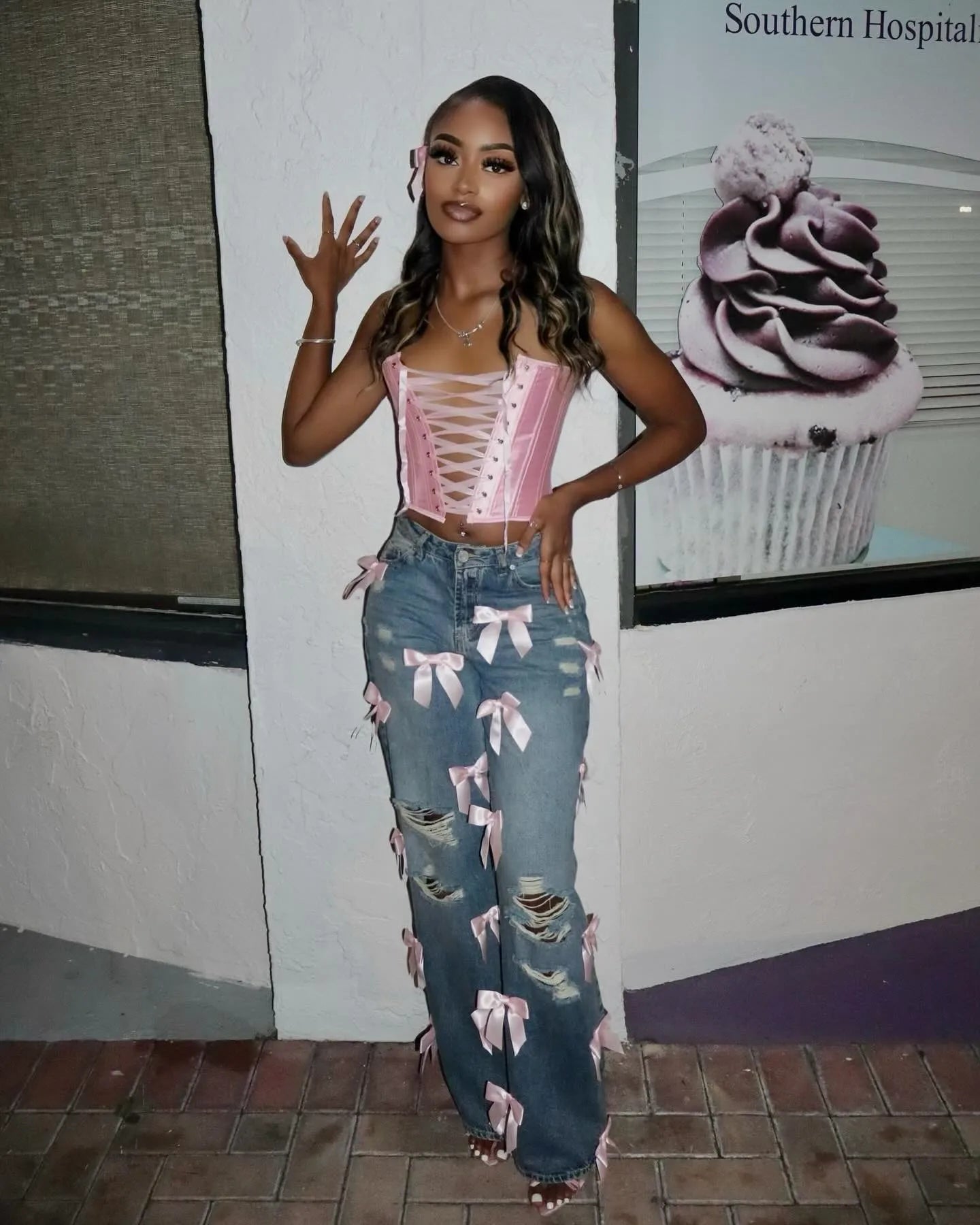 HLJ&GG Y2K Fashion Bow Sweet Straight Jeans Pants Women High Waisted Button Pocket, Hot Girl Streetwear Bottoms 2025