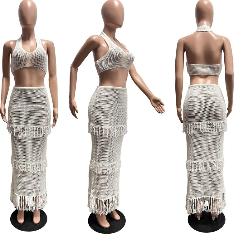 STYLISH LADY Tassel Crochet 2 Piece Set Women Halter Backless Crop Top and Maxi Skirts Suits 2025 Summer Sexy Beach Outfits