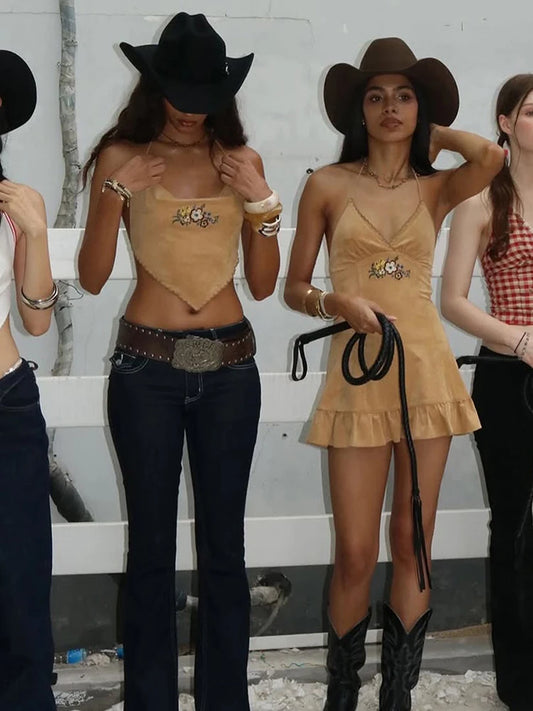 Weird Puss Flower Print Camisole Women Y2K Irregular Backless Halter Simple Classic Summer Sexy Wild Midnight Street Tank Tops