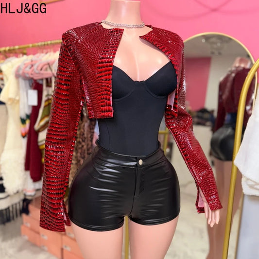 HLJ&GG Fashion Y2K Hot Girl Streetwear Women Leather Long Sleeve Crop Jacket+Bodysuits+Button Shorts 3 Piece Sets Outfits 2025