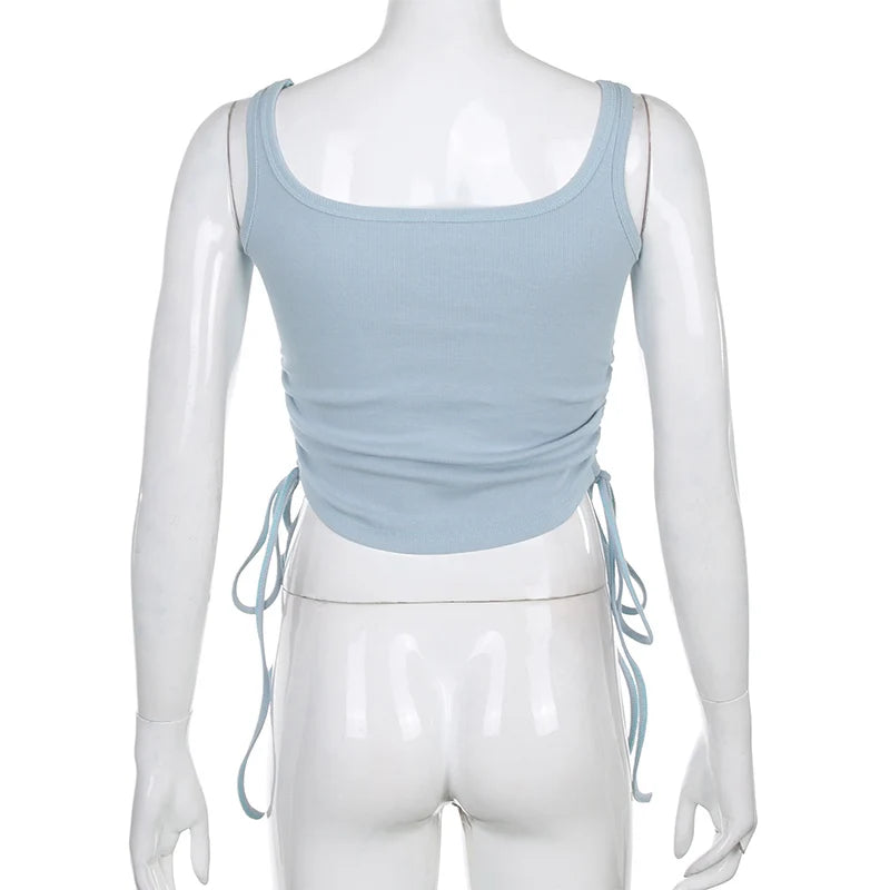 Ruched Sleeveless Tank Tops Tees Women Solid Casual Fashion Crop Top Ladies High Street Tie Up Croptop Summer Fitness