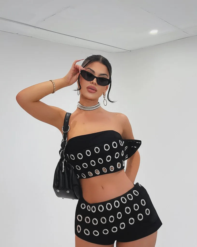 FAGADOER Y2K Sexy Hollow Out Patchwork 2 Pieces Set for Woman Sleeveless Backless Crop Top and Shorts Outfits Female Streetwear