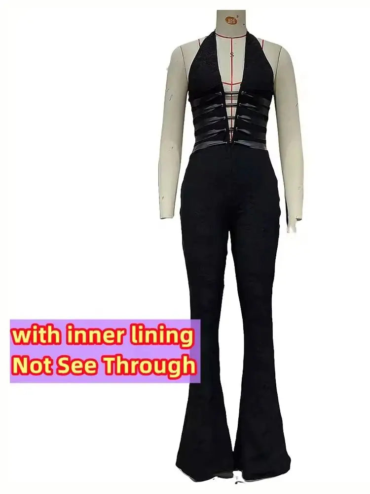 Weird Puss Hollow Bandage Jumpsuits Women Halter Sexy Jacquard Backless Sleeveless Skinny Street Workout Club Hipster Overalls