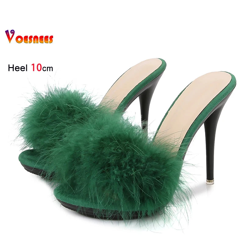 10CM Thin High Heel Designer Plus Size Summer Slippers For Ladies 2025 New Furry Slip-on Women's Shoes Pink Fur Slides Sandals