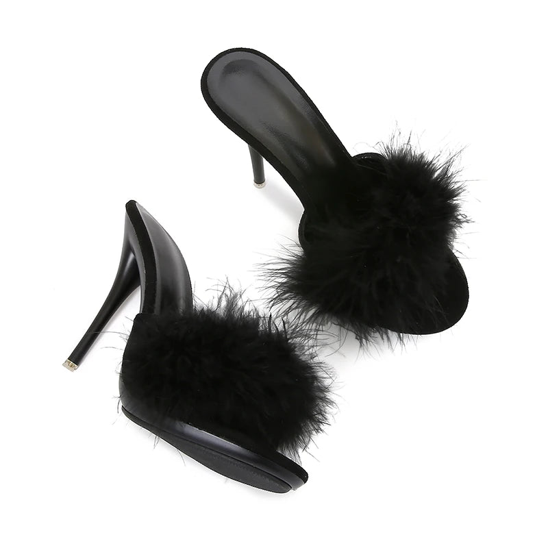 10CM Thin High Heel Designer Plus Size Summer Slippers For Ladies 2025 New Furry Slip-on Women's Shoes Pink Fur Slides Sandals