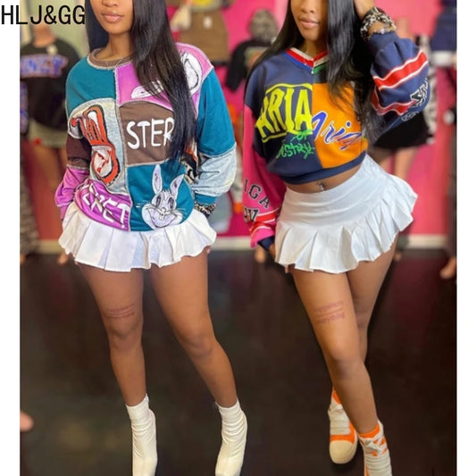 HLJ&GG Fashion Letter Graffiti Print Pullover Two Piece Sets Women V Neck Long Sleeve Loose Top + Pleated Mini Skirts Streetwear