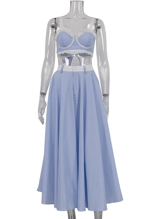 Kricesseen Cute Girls Lace Tirm Striped Cami Top And Ruched Maxi Skirt Set Two-Piece Dress Summer Vacation Outfits Streetwear