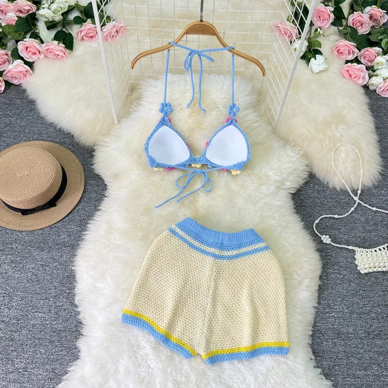 HLJ&GG Sweet Pastoral Fashion Knitting Little Flower Hollow Two Piece Sets Women Halter Lace Up Backless Bra And Shorts Outfits