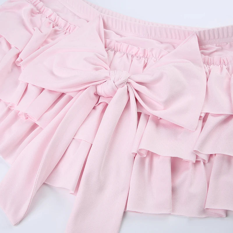 Rockmore Bow Sweet A-Line Skirts Women Sexy Slim Low-Waist Mini Skirts Y2K Female Summer Streetwear Pink Pleated Skirts Coqutte