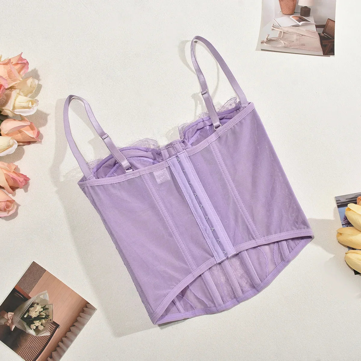 Sexy Lace Mesh Spaghetti Strap Open Back Boned Corset Women Summer Slim Lingerie Bodyshaper Bustier Camisole Halter Vest