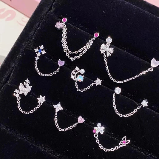 1PCS Pink Love Heart Chain Double Ear Hole 316L Stainless Steel Ear Bone Nail Y2K Fashion Hottie Earrings for Women Jewelry