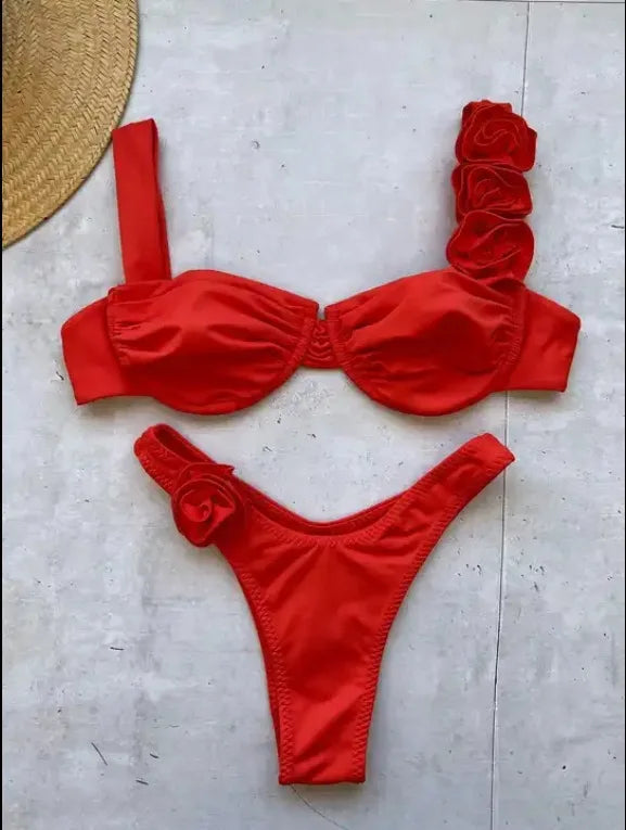 Sexy Solid Backless Floral Bikini Set Women Split Swimsuit High Waist Beach Bikini 2025 New Summer Swimwea Bikinis Set