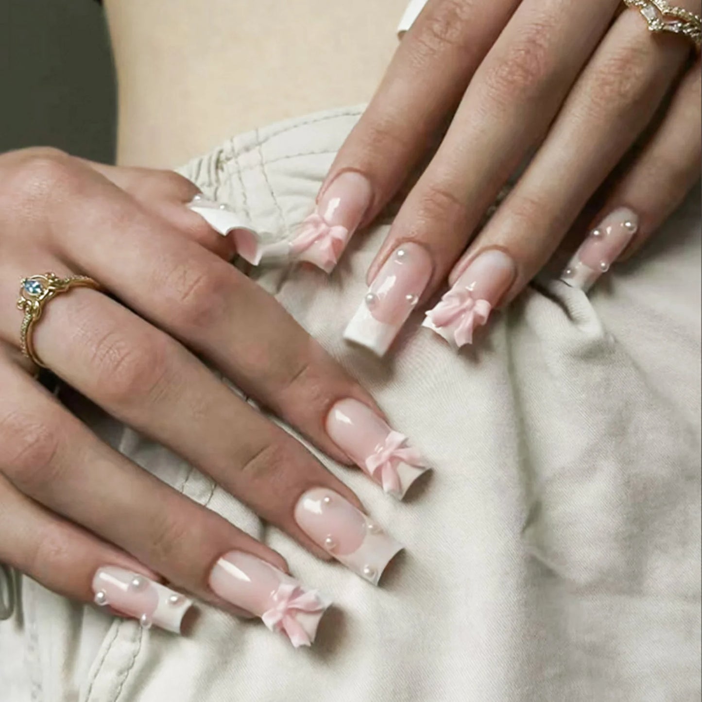 24pcs Nude Pink False Nails Patches 3D Bowknots Flower Press On Nails 2024 New Wearable White French Style Fake Nail Tips
