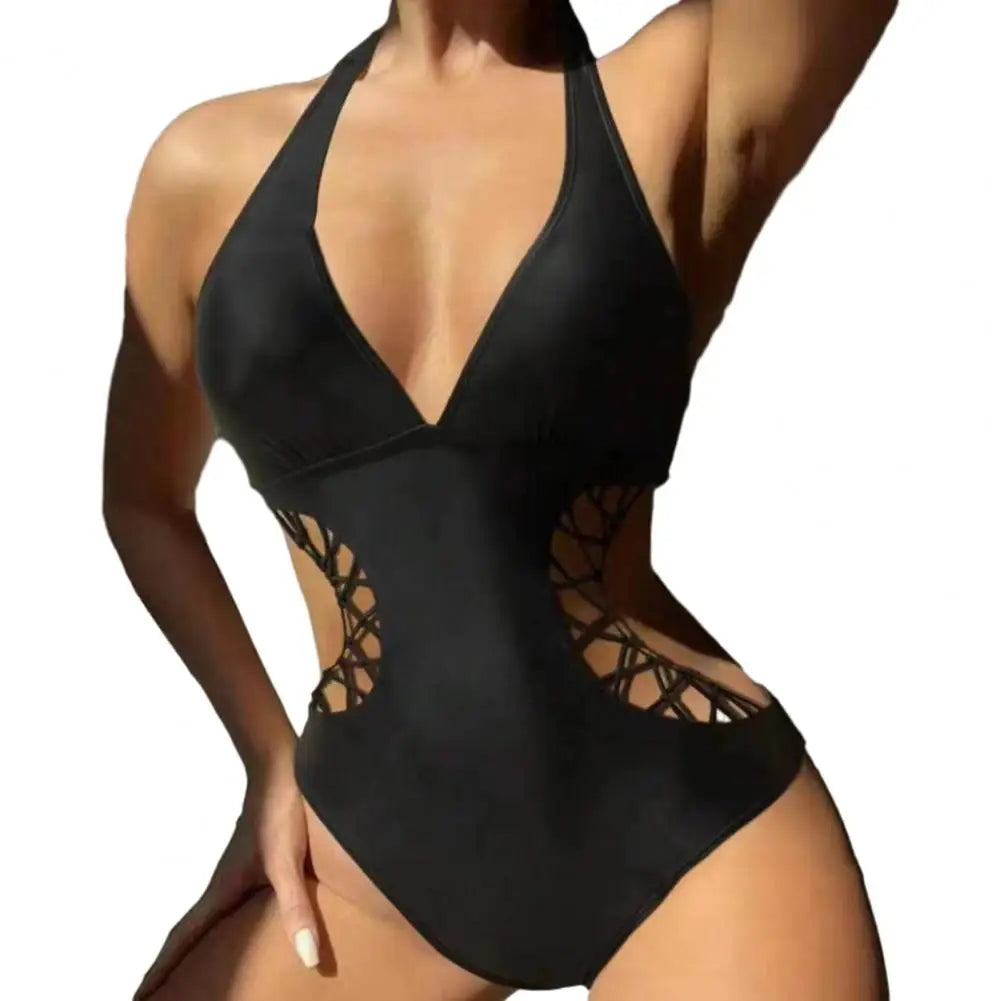 Summer Women Monokini Solid Color Hollow Out See-through Deep V Neck Lady Swimsuit Elastic High Waist Padded Bathing Suit