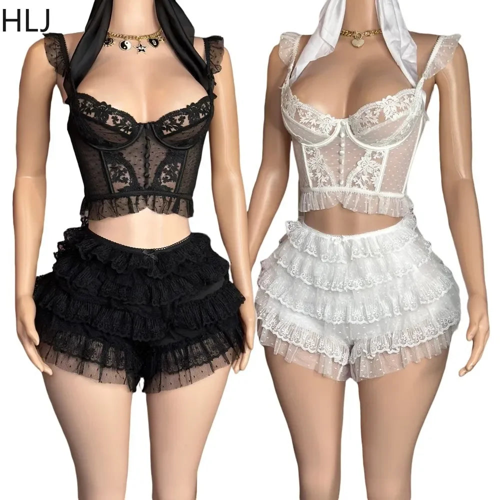 HLJ&GG Lace Sexy Embroidery Sheer Two Piece Sets For Women Thin Strap Tank Top + Ruffle Mini Skirts Shorts Outfit Party Clubwear