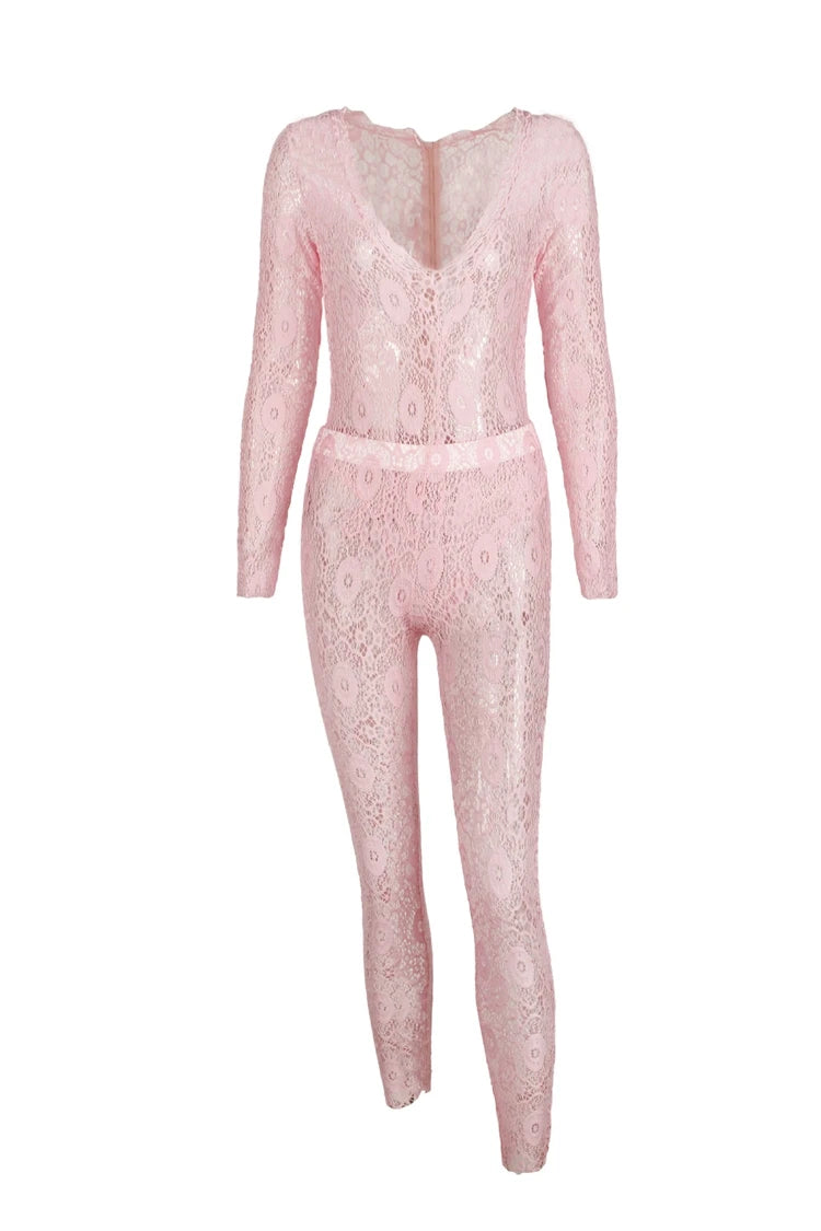 STYLISH LADY See Through Lace 2 Piece Set Women Long Sleeve Bodysuits and Skinny Pant Suits 2025 Summer Sexy Hollow Out Outfits