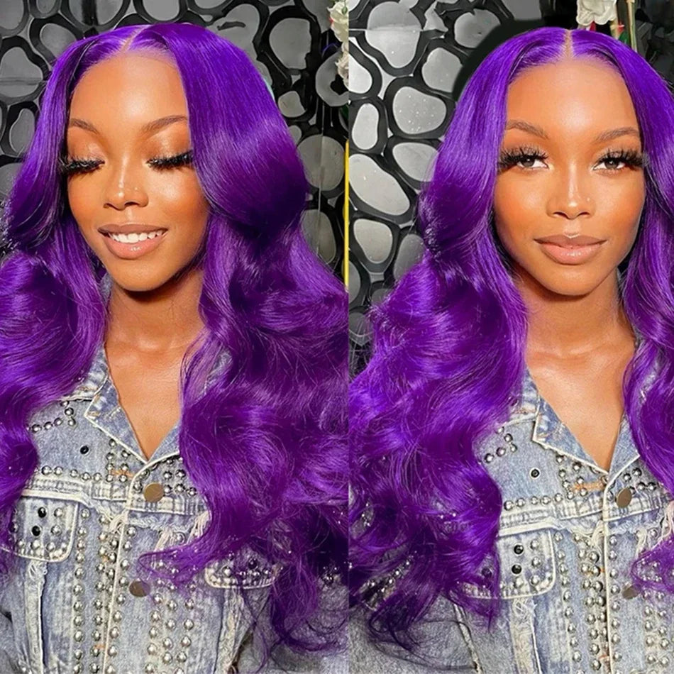 180% Purple Colored Lace Front Wig Transparent 13x4 Lace Front Human Hair Wigs Pre Plucked Body Wave Lace Frontal Wig For Woman