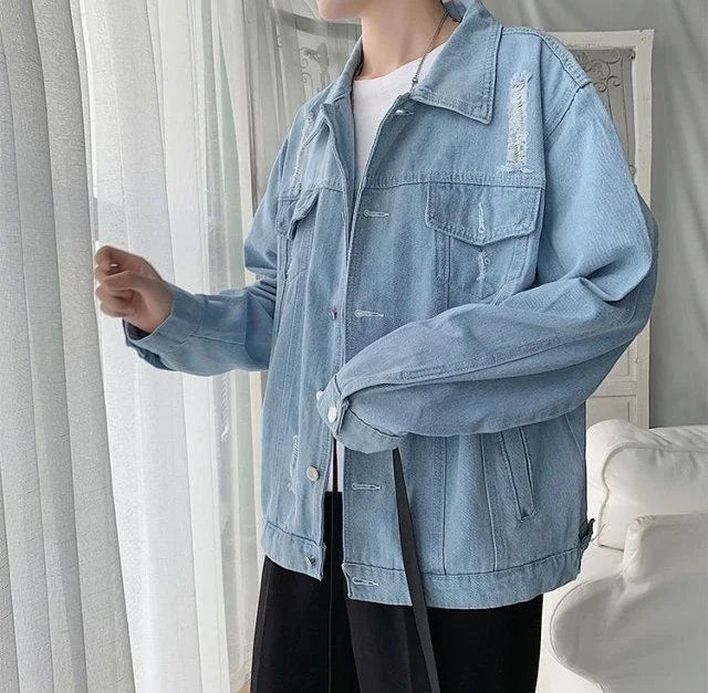 Button Short Casual Slim Cowboy Coat for Men Korean Popular Clothes Denim Jackets Man Loose New In Designer Branded Rock Lxury