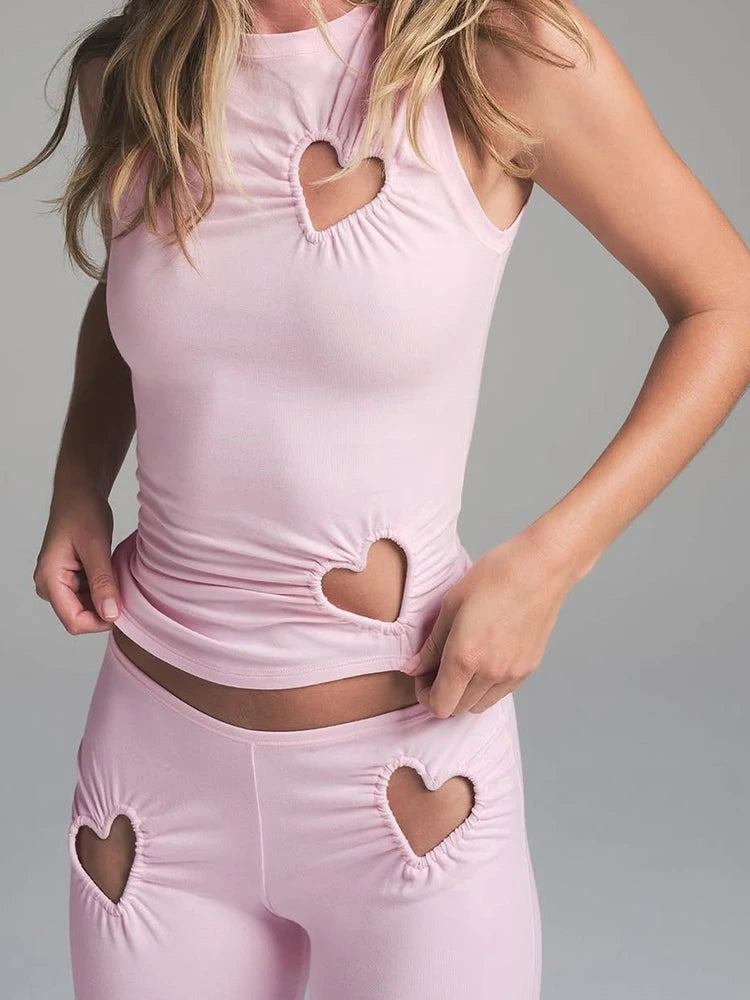 Weird Puss Heart Hollow 2 Piece Set Women o-Neck Sleeveless Tops+Skinny Stretch Pants Vacation Casual Simple Elegant Solid Suits