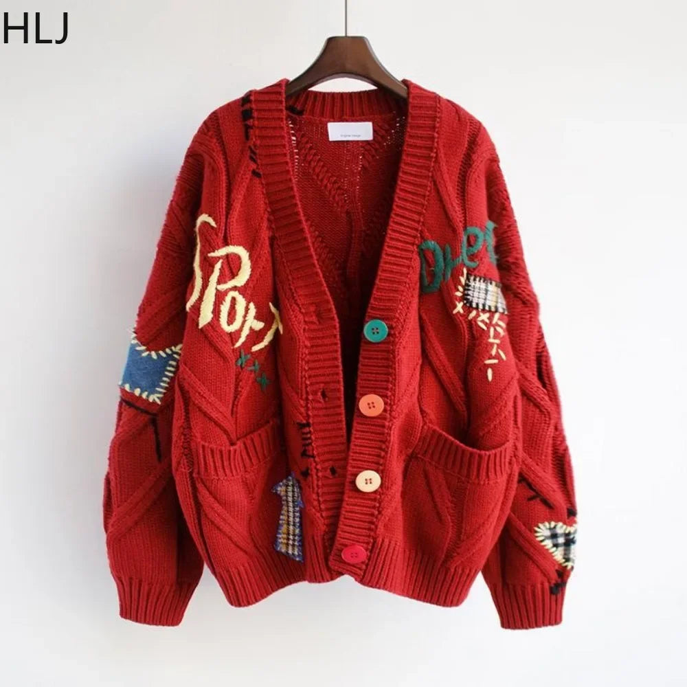 HLJ&GG Winter Embroidery Knit Sweater Coats Two Piece Sets Women Button Long Sleeve Top And Plaid Aline Skirts Outfit Streetwear