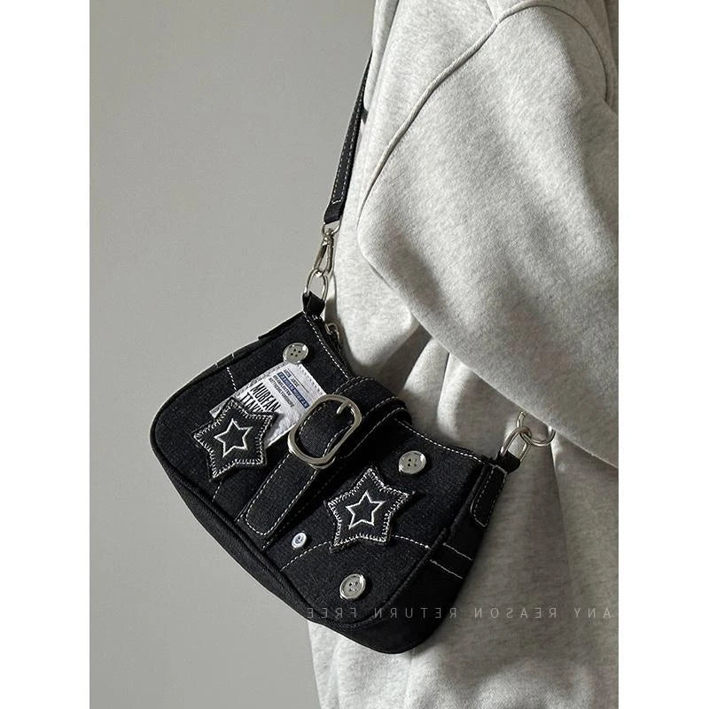 Fashion Vintage Y2k Ladies Shoulder Bags Sweet Cool Star Chain, Underarm Bag Black Goth jeans Tote Handbag Purse