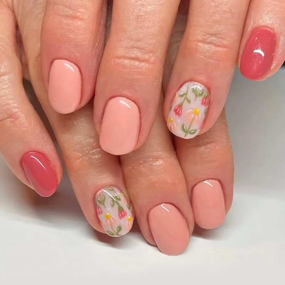 24Pcs Fairy White Flower Fake Nails Pink French Tip Press on Nails Short Square Wearable False Nail for Girls DIY