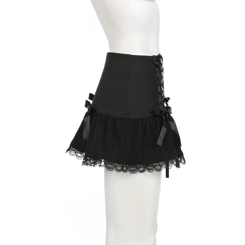 Darlingaga Gothic Y2K Lace Trim Mini Skirt Harajuku Vintage Tie Up Bow Dark Academia Sexy Women Skirts Hottie A-Line Grunge New
