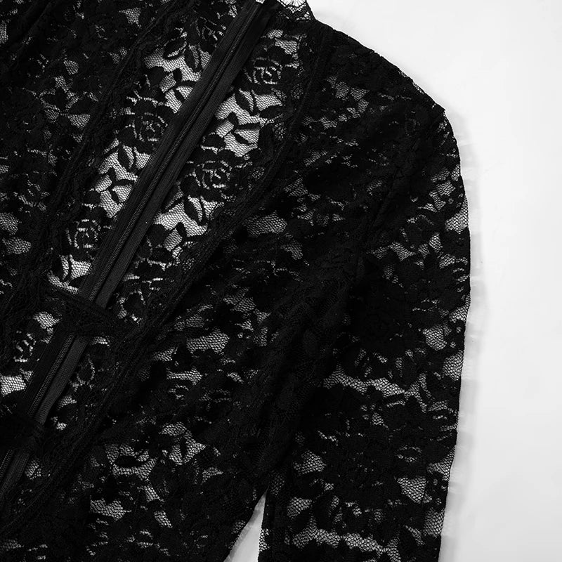 Weird Puss Sexy Jacquard Jumpsuit Women Sexy Mesh Patchwork Low-Neck Hollow Full Sleeve Skinny Midnight Party Clubwear Overalls