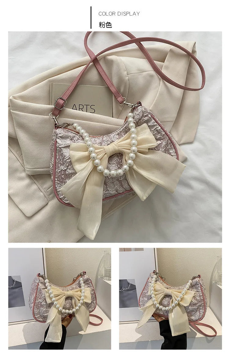 Pearl Female Bag Retro Luxury Designer Handbag Bow Crossbody Bags Fashion Canvas Women's 2023 Trend Shoulder bag Purses