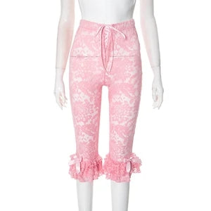 STYLISH LADY Lace Knee Length Pants 2025 Summer Women Midi Waist Hollow Out Sexy Club Party Street See Through Leggings Pants