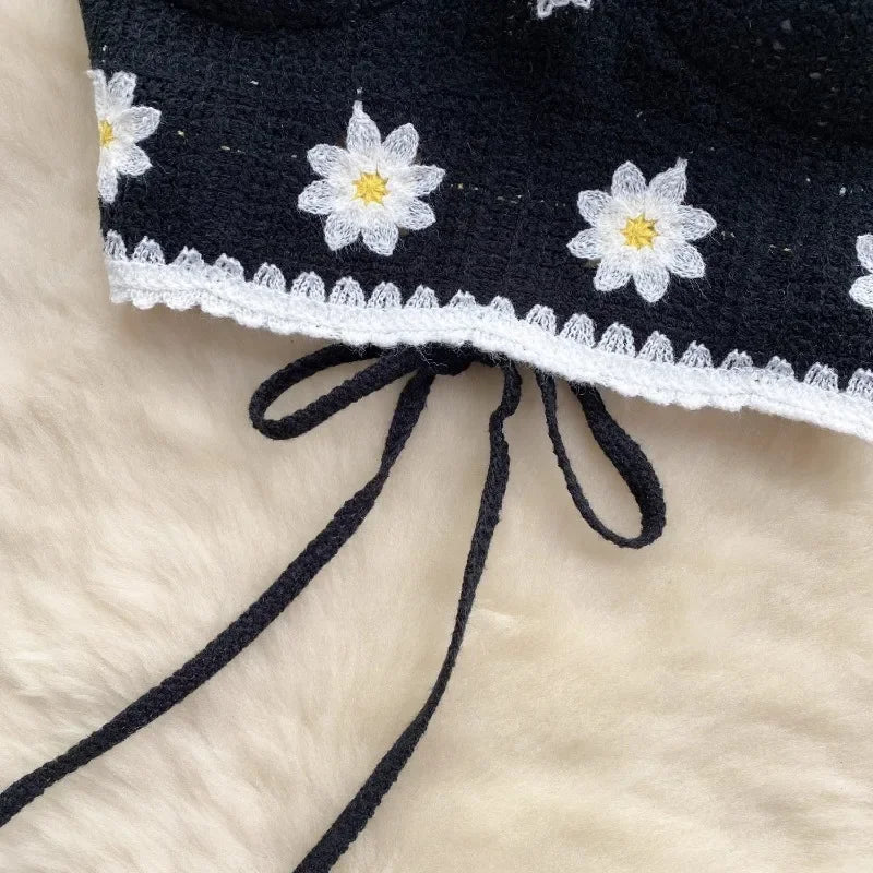 Vacation Style Camis Vest Women Patchwork Sweet Hook Flower Sexy Backless Suspender Camisole Hanging Neck Outwear Crop Tops