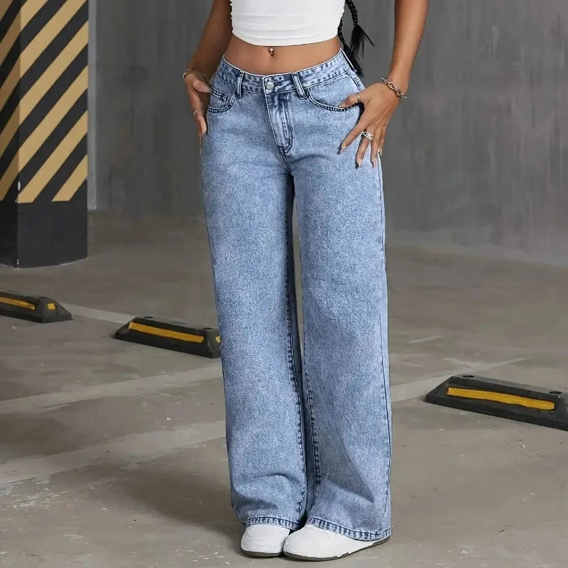 Wide Leg Jeans High waisted Bow Embroidered Pocket Wide Leg Jeans Fashionable ladies Trousers Casual Style