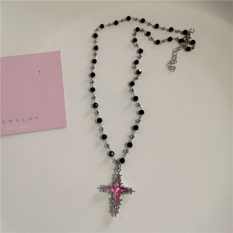Gothic Y2K Pink Cross Heart Pendant Chain Choker Necklace For Women Egirl Hip Hop Punk Charms Aesthetic Jewelry EMO Accessories