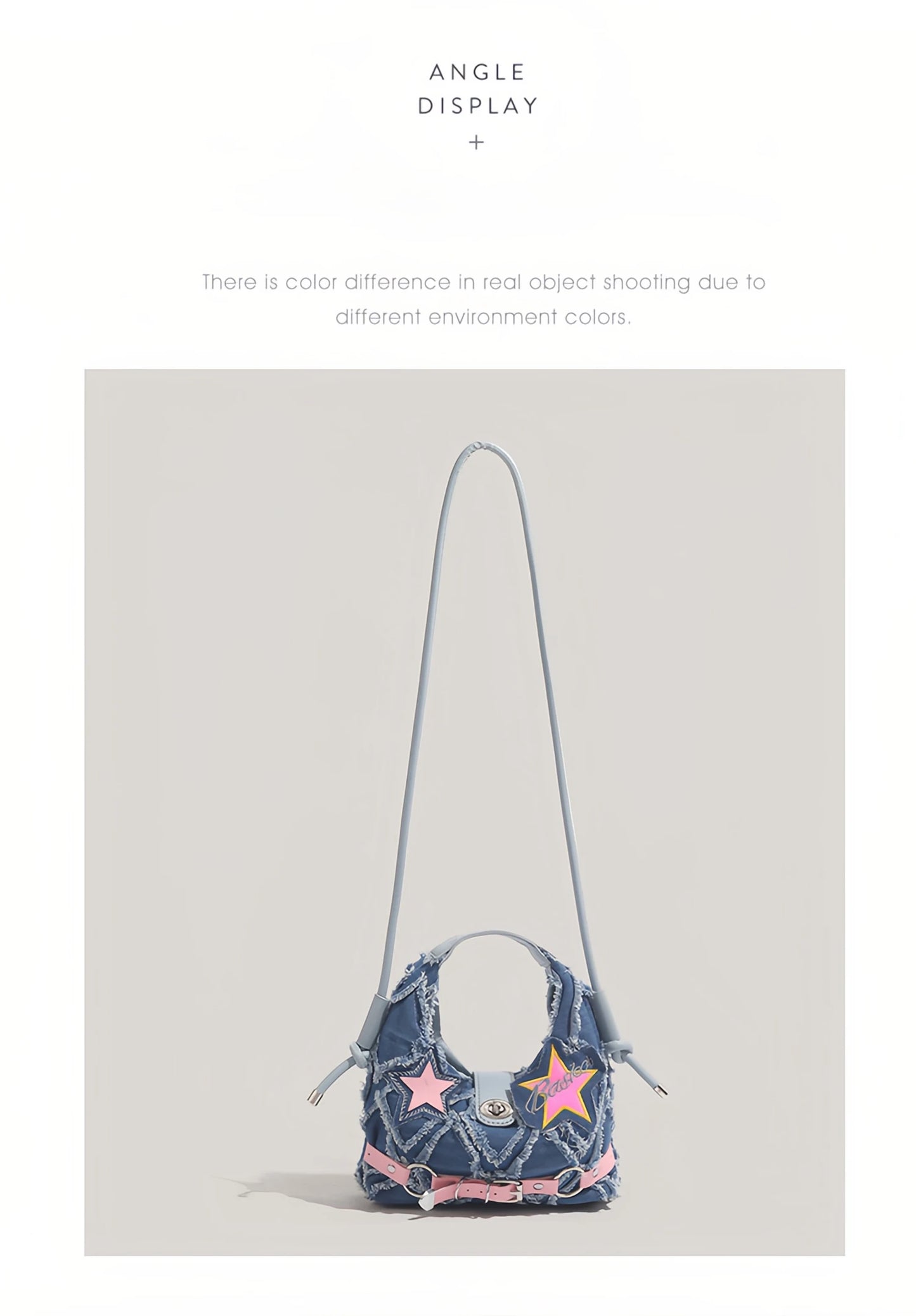 y2k Hot Girl style pink five-pointed star applied-designed fringed jeans crossbody bag A-DH