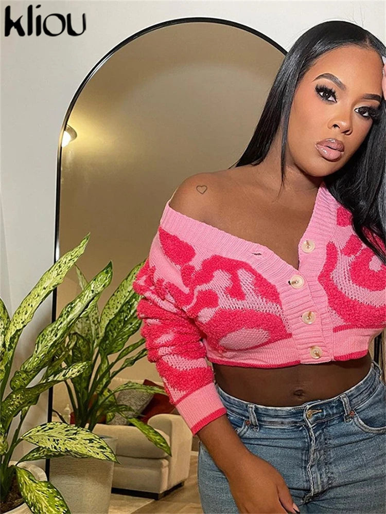 Kliou Knit Coats ladies Autumn New Full Sleeve Breasted Buttons V-neck Ruched Sweather Outwear Bare Midriff Street Tops