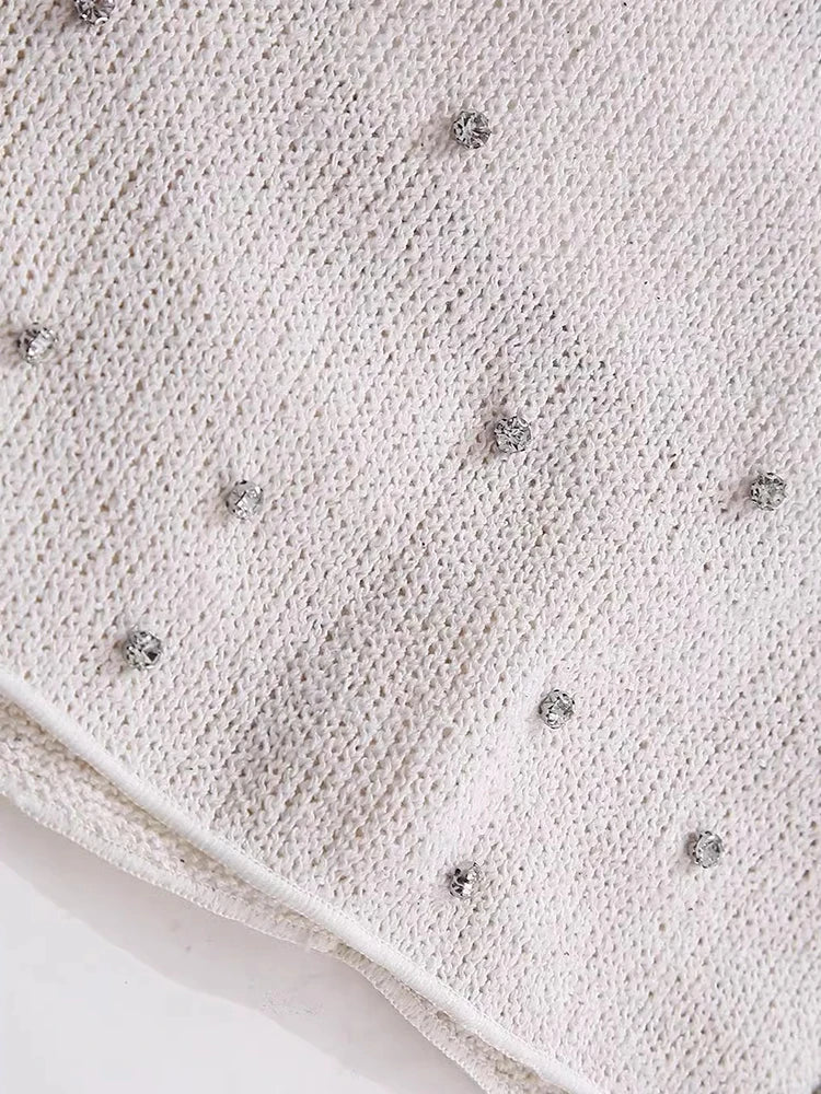 Weird Puss Diamond Women 2 Piece Set Luxury Knit Halter Backless Tank Tops+Shorts Casual Matching Streetwear Stretch Simple Suit