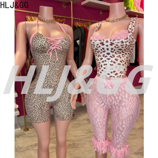 HLJ&GG Summer New Leopard Print Bow Bodycon One Piece Rompers Women Hollow Out Halter Backless Slim Jumpsuits Fashion Streetwear