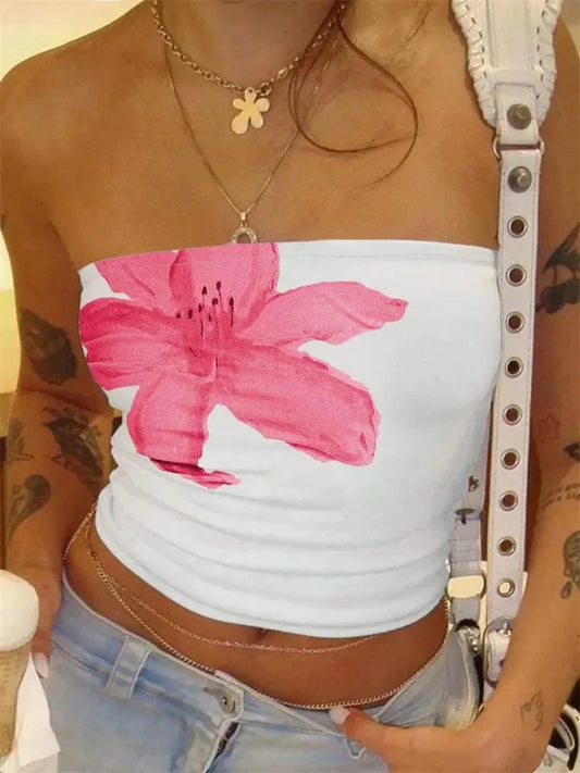 Women's Floral Printed Tube Top Summer Sexy Off the Shoulder Crop Top Streetwear