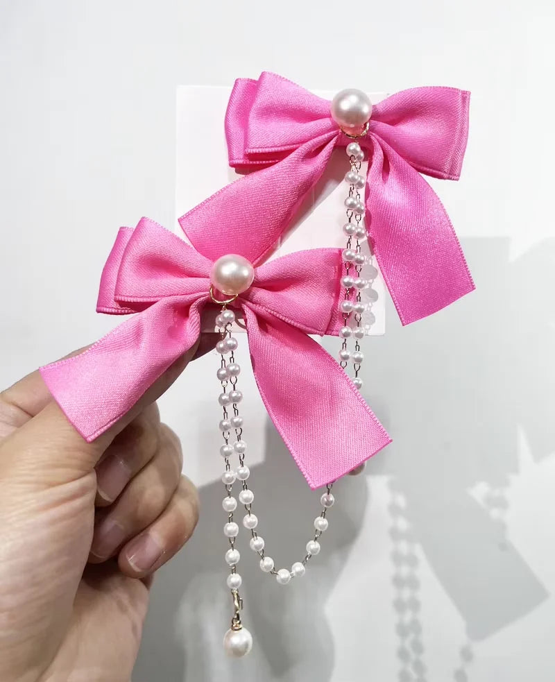 Sweet Princess Style Pink Pearls Chain Bow Hair Clip Women Children's Cute Back Head Hairpins Hair Clips Girls Hair Accessories