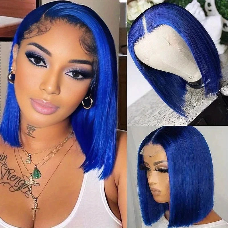 13x4 Lace Front Short Bob Wig Blue Color Straight Navy Blue Bob Transparent Lace Frontal Wigs Human Hair For Black Woman 10 Inch