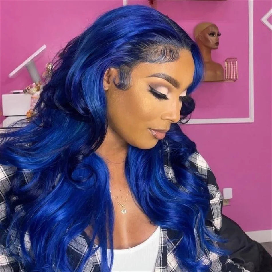 13x4 Dark Blue Transparent Lace Front Human Hair Wig For Women Pre Plucked Navy Blue Colored Body Wave HD Lace 13x6 Frontal Wigs